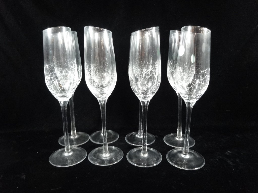 8 CRYSTAL CHAMPAGNE FLUTES WITH CRACQUELURE DESIGN,: 8 CRYSTAL CHAMPAGNE FLUTES WITH CRACQUELURE DESIGN, ASYMMETRICAL TOPS, 10"H, SKU266.20