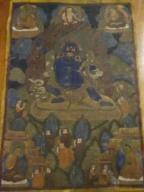 VINTAGE TIBETAN THANGKA, PAINTED ON LEATHER, 25.5" X (1 of 7)