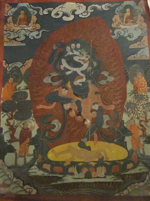 VINTAGE TIBETAN THANGKA, PAINTED ON LEATHER, 23.5" X (1 of 8)