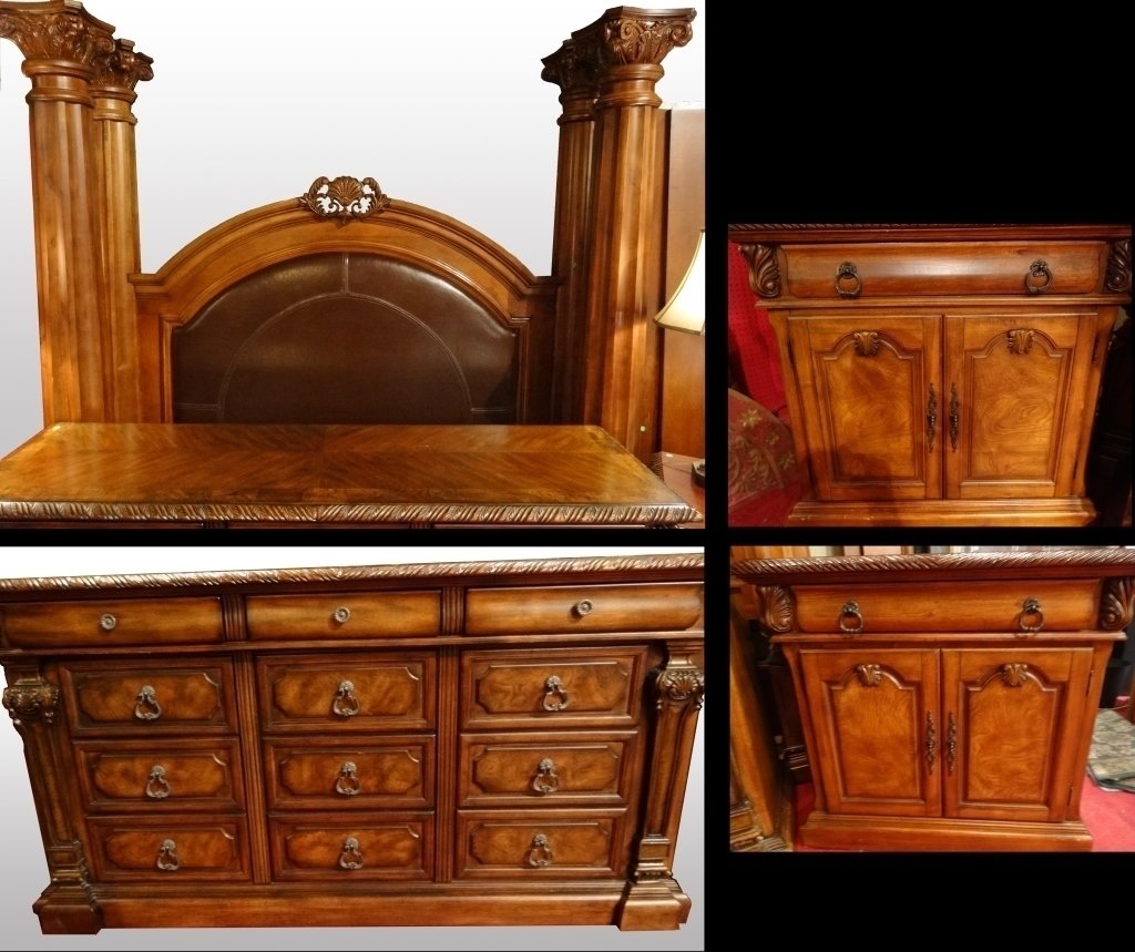 QUEEN 4 POSTER BEDROOM SET WITH LEATHER HEADBOARD, (1 of 10)