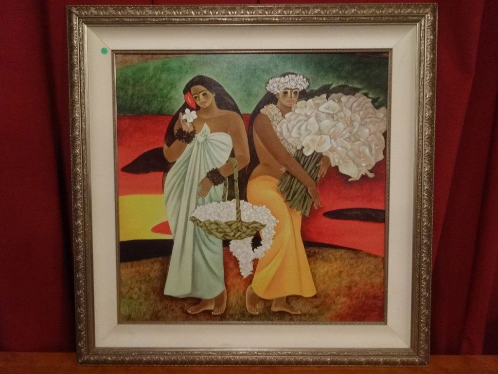 ZHOU LING SIGNED GICLEE, 2 POLYNESIAN WOMEN WITH: ZHOU LING SIGNED GICLEE, 2 POLYNESIAN WOMEN WITH FLOWERS, SIGNED LOWER RIGHT, FRAMED SIZE IS 41" X 41", SKU9267.02