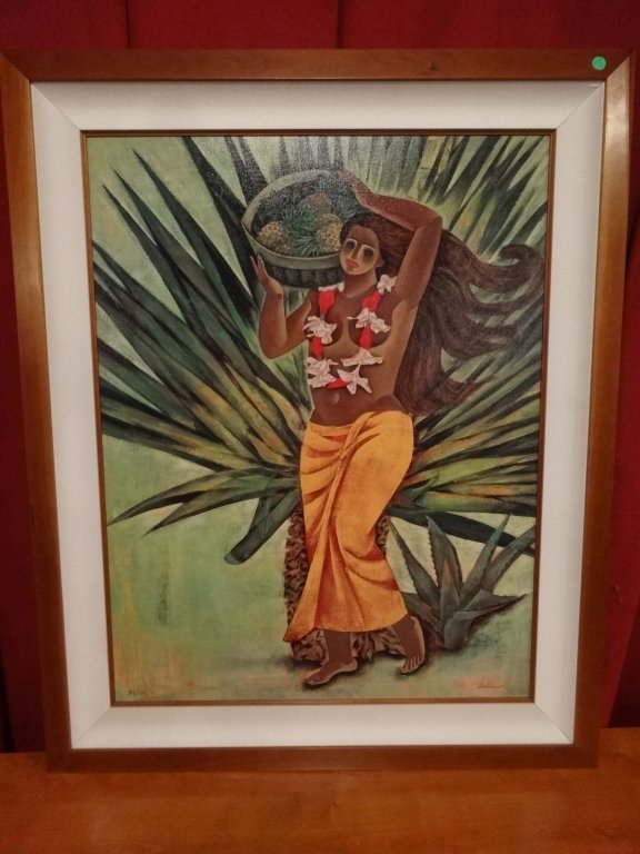ZHOU LING LIMITED EDITION GICLEE, POLYNESIAN WOMAN: ZHOU LING LIMITED EDITION GICLEE, POLYNESIAN WOMAN CARRYING BASKET, SIGNED LOWER RIGHT AND NUMBERED 37/100 LOWER LEFT, FRAMED SIZE IS 36" X 44", SKU9267.02