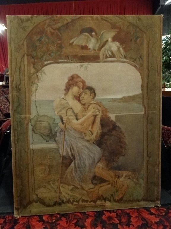 HUGE ANTIQUE PAINTING ON BURLAP, LOVERS ON A TERRACE,: HUGE ANTIQUE PAINTING ON BURLAP, LOVERS ON A TERRACE, WITH WATERMARK DAMAGE AND FRAYING OF CANVAS AT CORNERS, APPROX 64" X 49" GALLERY WRAPPED, SKU999