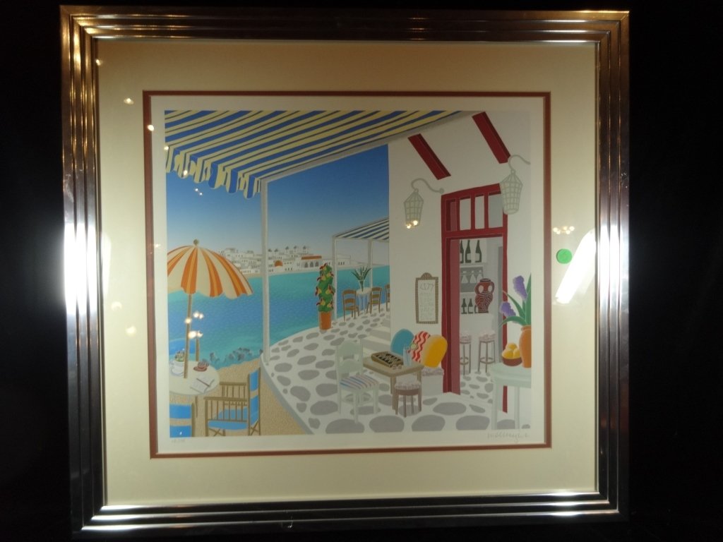 THOMAS MCKNIGHT LIMITED EDITION LITHOGRAPH, "CITY BAR": THOMAS MCKNIGHT LIMITED EDITION LITHOGRAPH, "CITY BAR" FROM THE MYKONOS II SUITE, #118 OF 175, FRAME SIZE APPROX 25.5" X 27.5", SKU255.55