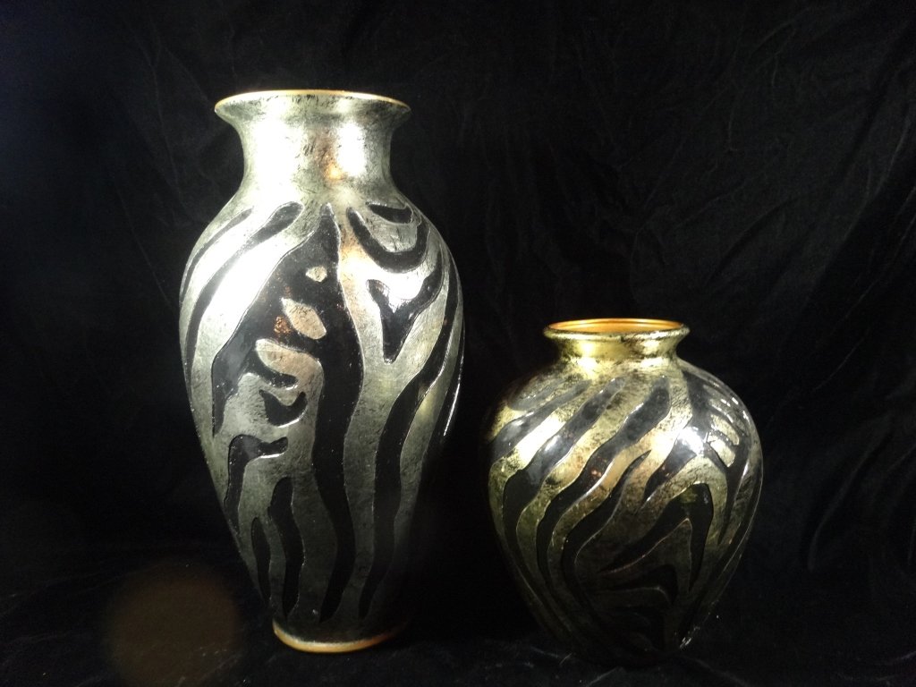 2 VASES WITH ZEBRA & METALLIC DESIGN, GOLD & SILVER,: 2 VASES WITH ZEBRA & METALLIC DESIGN, GOLD & SILVER, APPROX 14.5"H & 8.75"H