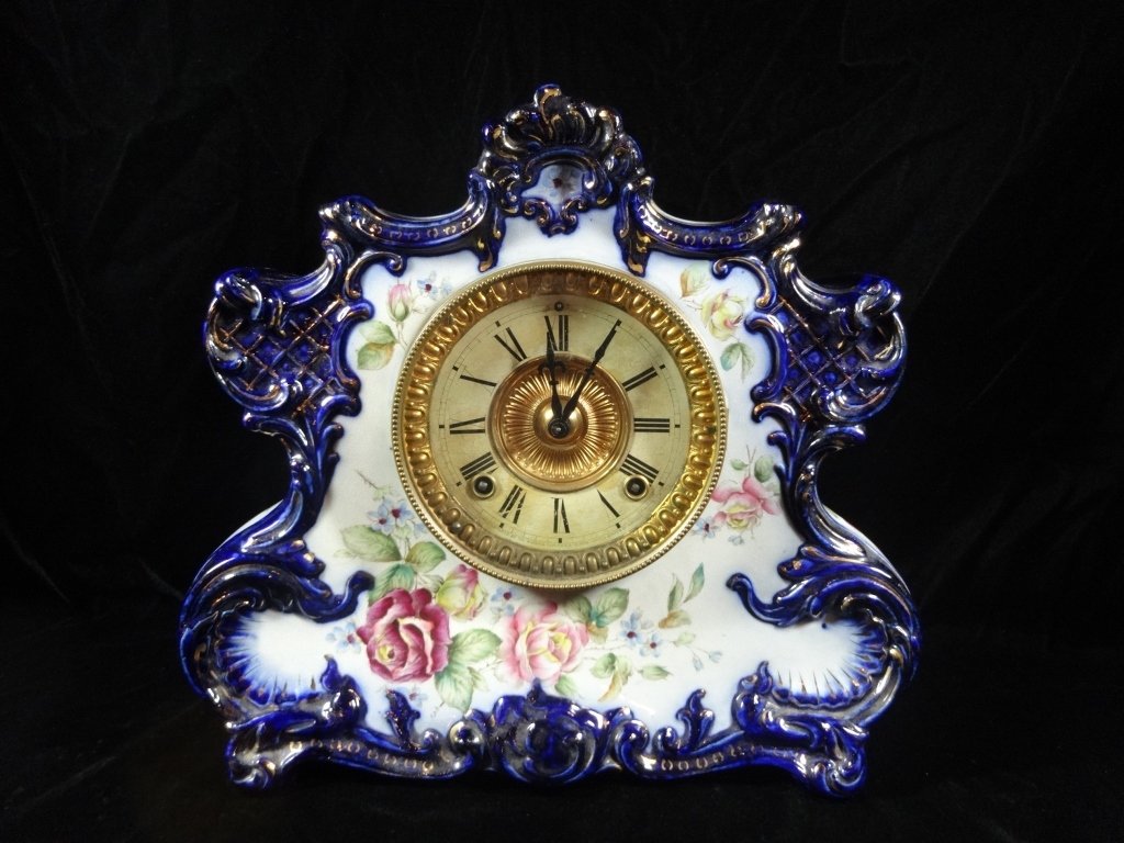 DRESDEN PORCELAIN CLOCK, ANSONIA WORKS, MARKED DRESDEN (1 of 10)