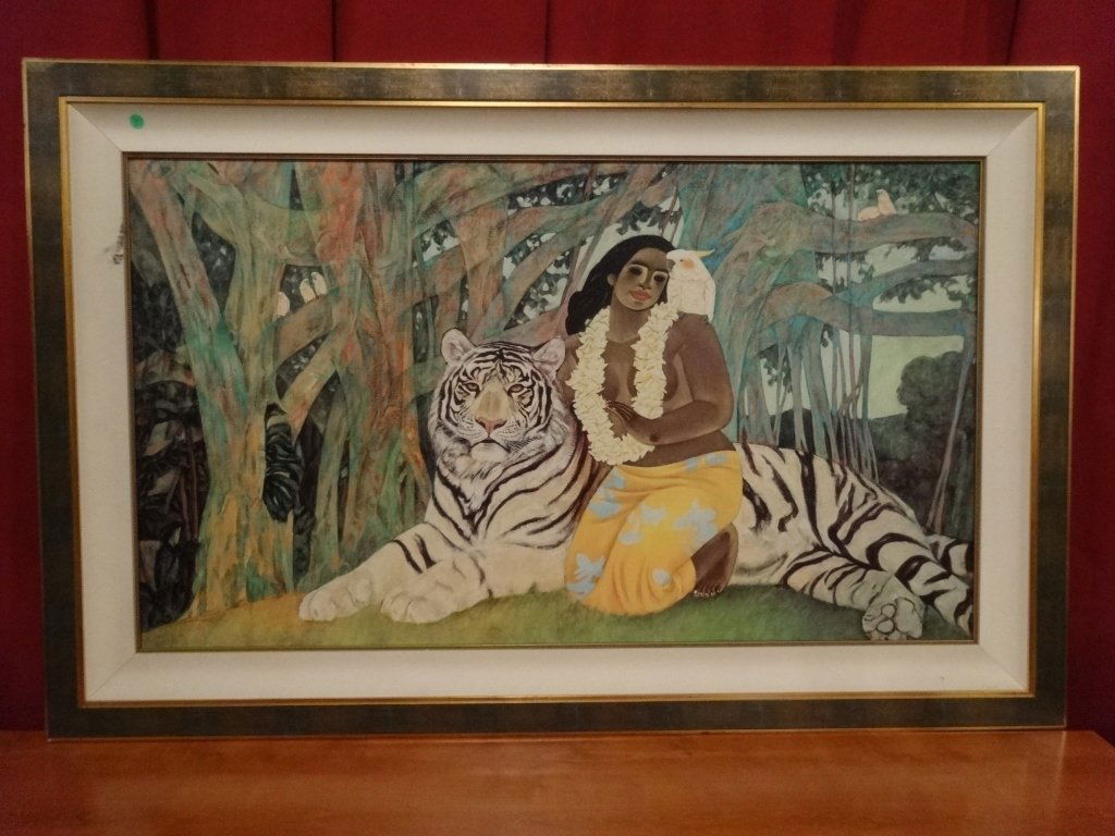 ZHOU LING SIGNED GICLEE, POLYNESIAN WOMAN WITH WHITE: ZHOU LING SIGNED GICLEE, POLYNESIAN WOMAN WITH WHITE TIGER, SIGNED LOWER RIGHT, SMALL AREA OF DAMAGE TO MATTE (CANVAS IS IN EXCELLENT CONDITION), FRAMED SIZE IS 57" X 36", SKU9267.02