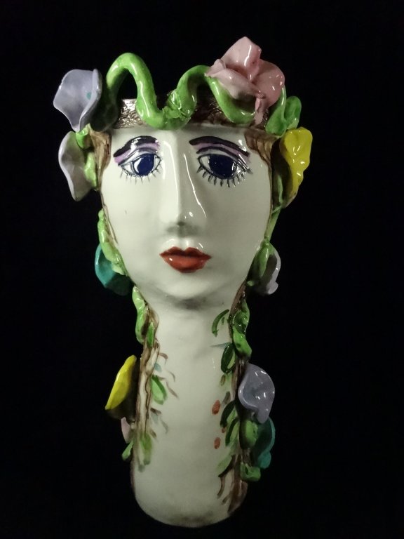 ART POTTERY VASE, WOMAN'S FACE & FLORALS, SIGNED BY (1 of 8)