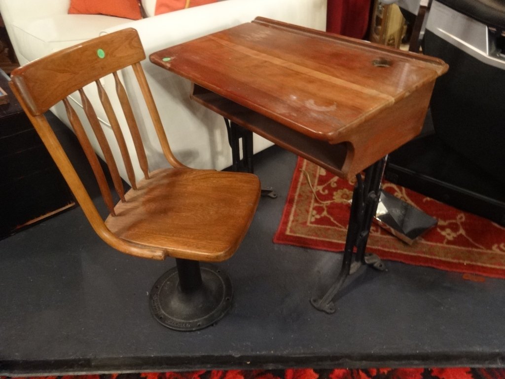 2 PC ANTIQUE SCHOOL DESK AND CHAIR, METAL BASES, SKU283 (1 of 5)