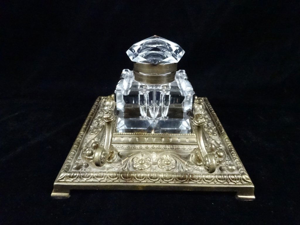 CRYSTAL INKWELL WITH BRONZE BASE, APPROX 4.25" X 6" X (1 of 4)