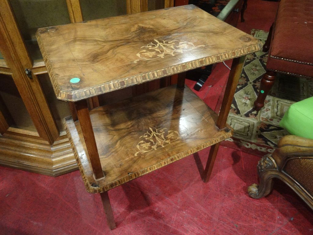 ANTIQUE 2 TIER MARQUETRY TABLE, BEVELED INLAID TABLE (1 of 5)