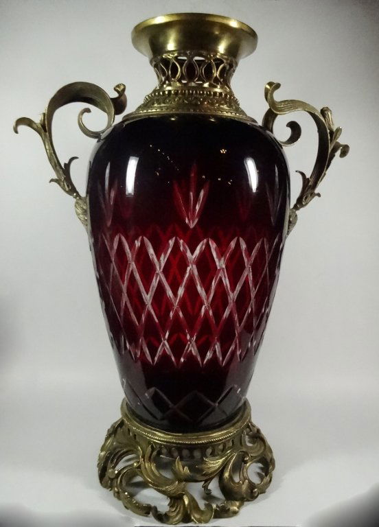RUBY CUT TO CLEAR CRYSTAL VASE WITH ORMULU, APPROX (1 of 4)