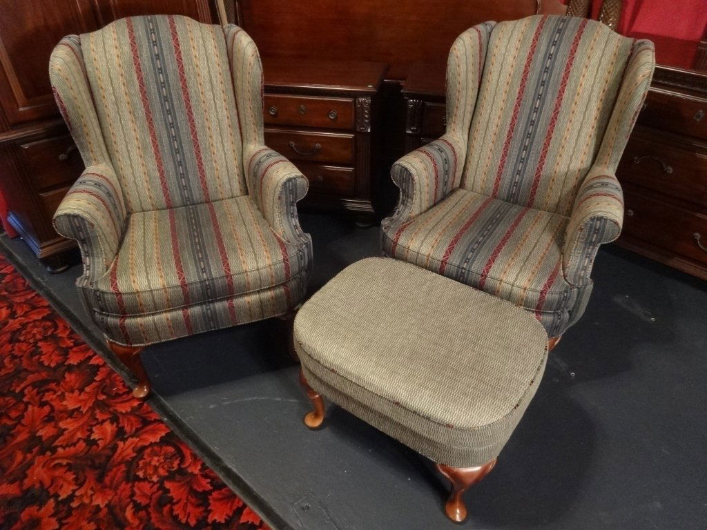 PAIR BERNHARDT WING CHAIRS WITH OTTOMAN, STRIPED (1 of 7)