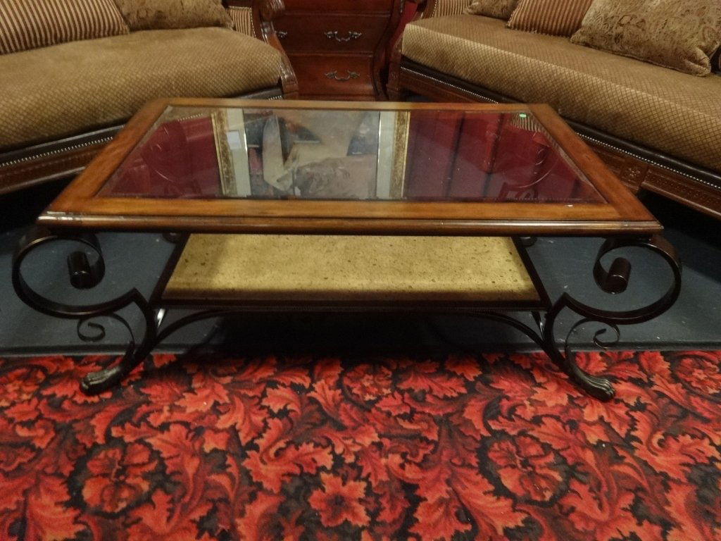 WOOD AND METAL COFFEE TABLE, STONE UNDERTIER, GLASS (1 of 5)