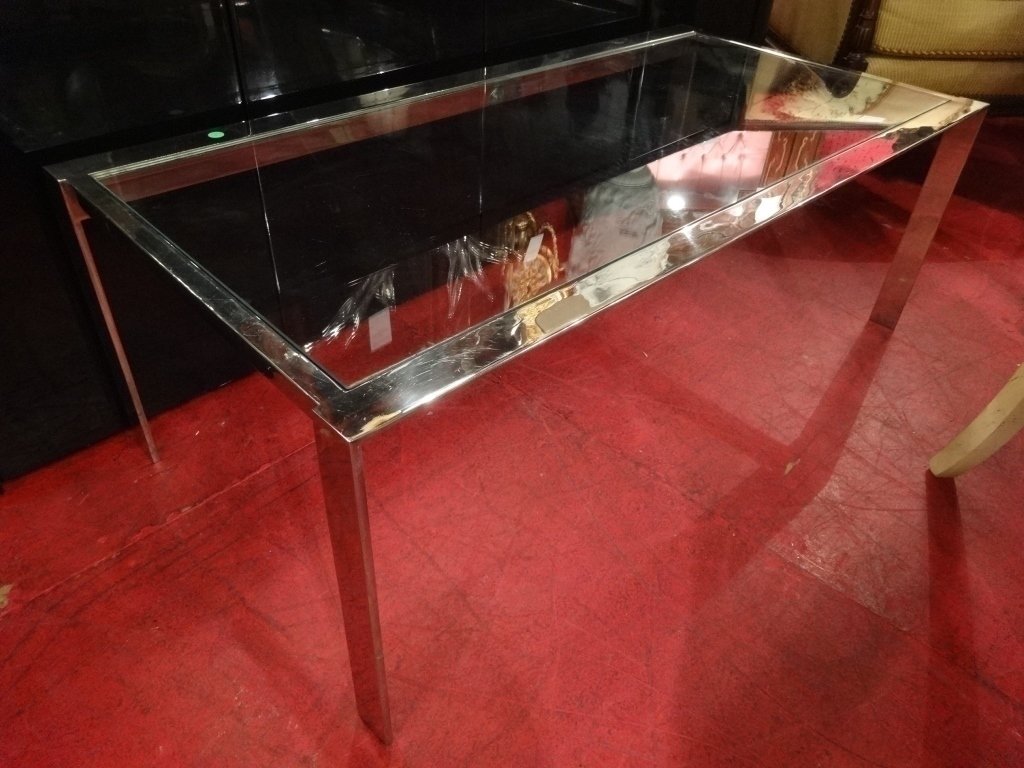 FLAT BAR CHROME STEEL COFFEE TABLE, GLASS INSET TOP, (1 of 4)