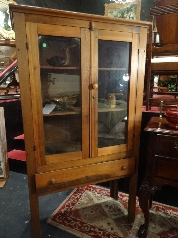 ANTIQUE WOOD CABINET, 2 GLASS DOORS, LOWER DRAWER, (1 of 4)