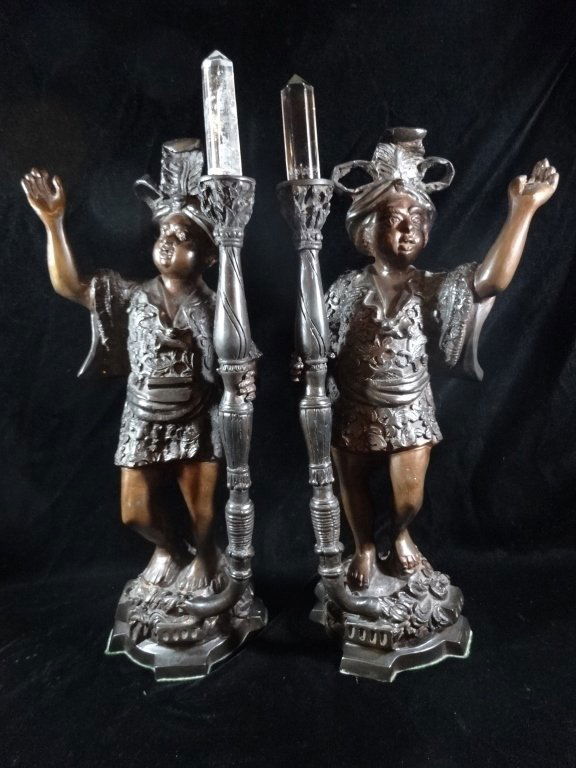 PAIR BRONZE BLACKAMOOR FIGURAL CANDLEHOLDERS, WITH (1 of 10)
