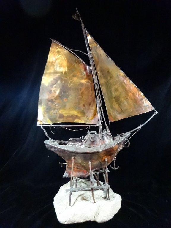 JIM LEWK COPPER SAILING SHIP SCULPTURE ON FOSSIL CORAL (1 of 7)
