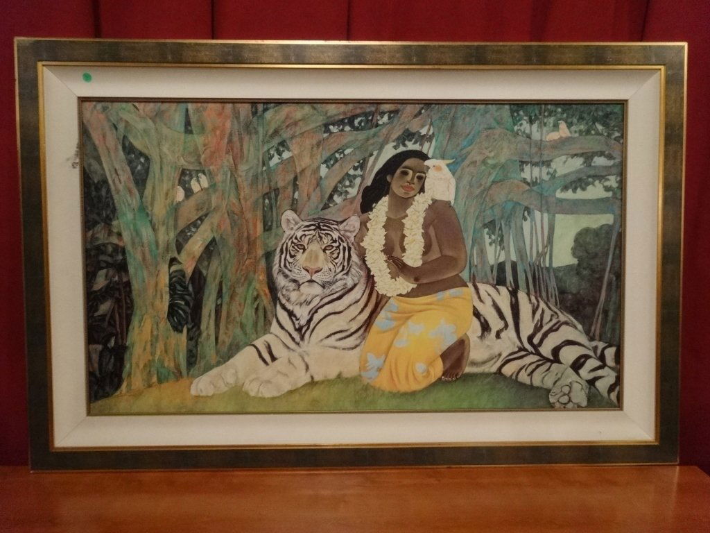 ZHOU LING SIGNED GICLEE, POLYNESIAN WOMAN WITH WHITE: ZHOU LING SIGNED GICLEE, POLYNESIAN WOMAN WITH WHITE TIGER, SIGNED LOWER RIGHT, SMALL AREA OF DAMAGE TO MATTE (CANVAS IS IN EXCELLENT CONDITION), FRAMED SIZE IS 57" X 36", SKU9267.02