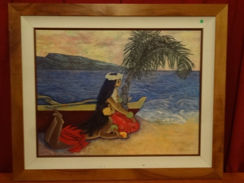 ZHOU LING SIGNED GICLEE, POLYNESIAN WOMAN WITH PALM: ZHOU LING SIGNED GICLEE, POLYNESIAN WOMAN WITH PALM TREE, SIGNED LOWER RIGHT, FRAMED SIZE IS 45" X 37", SKU9267.02