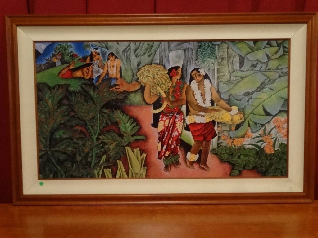 ZHOU LING LIMITED EDITION GICLEE, 2 POLYNESIAN WOMEN: ZHOU LING LIMITED EDITION GICLEE, 2 POLYNESIAN WOMEN CARRYING BANANAS, SIGNED LOWER RIGHT AND NUMBERED 64/100 LOWER LEFT, FRAMED SIZE IS 53" X 33", SKU9267.02