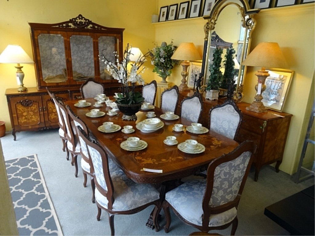 LOUIS XV STYLE MARQUETRY DINING TABLE, 10 CHAIRS WITH: LOUIS XV STYLE MARQUETRY DINING TABLE, 10 CHAIRS WITH DARK FINISH WOOD FRAMES, PALE GRAY AND WHITE UPHOLSTERY, TABLE HAS DUAL PEDESTAL BASE AND ELABORATELY INLAID WOOD FLORALS, APPROX 9'W, VERY GOOD V