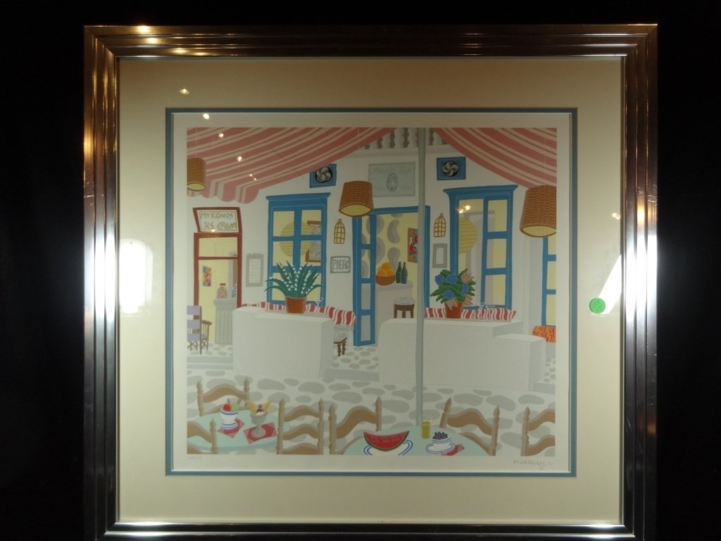 THOMAS MCKNIGHT LIMITED EDITION LITHOGRAPH, "PIERROT'S": THOMAS MCKNIGHT LIMITED EDITION LITHOGRAPH, "PIERROT'S" FROM THE MYKONOS II SUITE, #108 OF 175, FRAME SIZE APPROX 25.5" X 27.5", SKU255.55