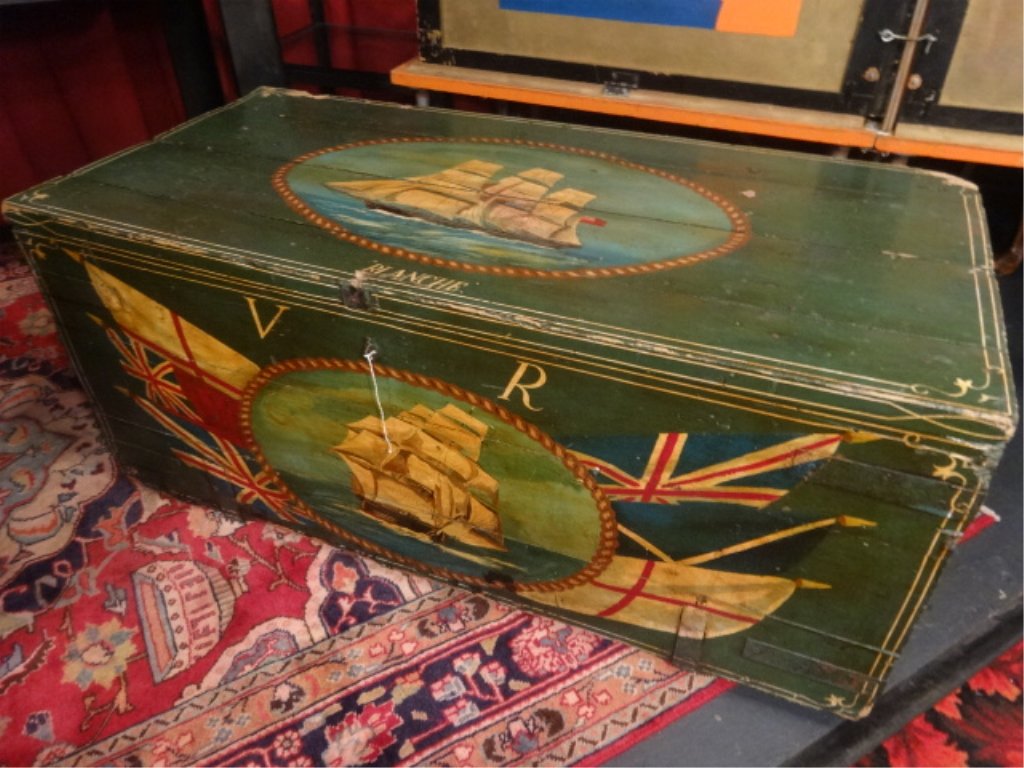 VINTAGE WOOD CHEST, PAINTED WITH H.M.S. BLANCHE AND ENG (1 of 8)