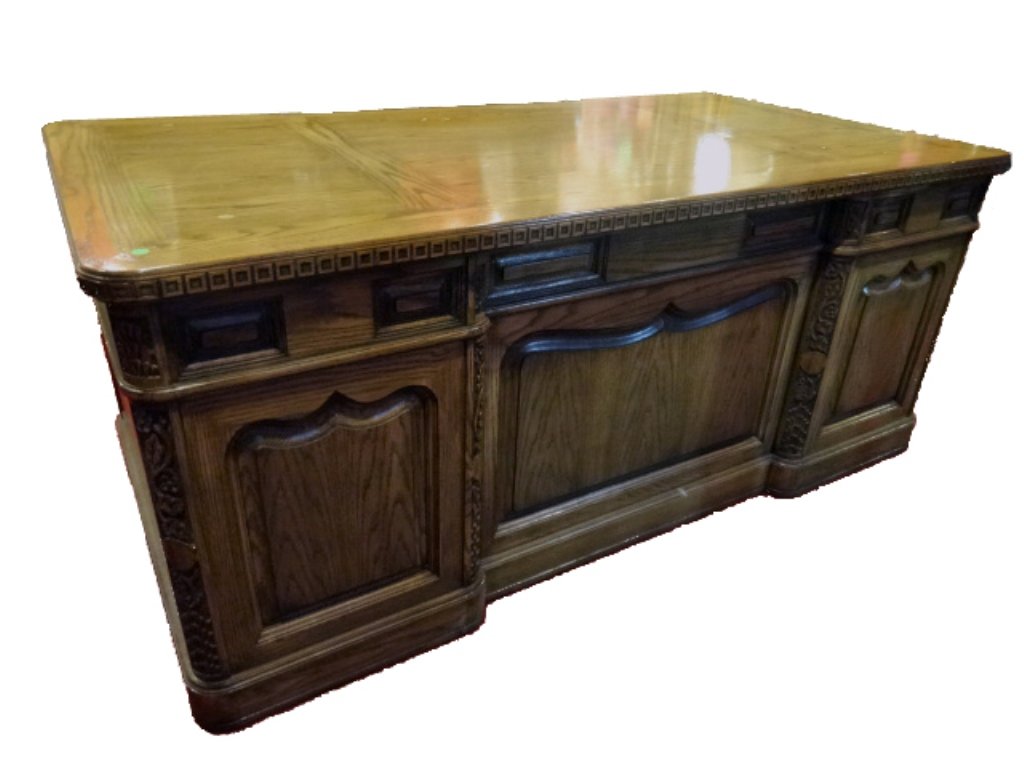 ROMWEBER VIKING OAK EXECUTIVE DESK, HIGHLY CARVED CASE,
