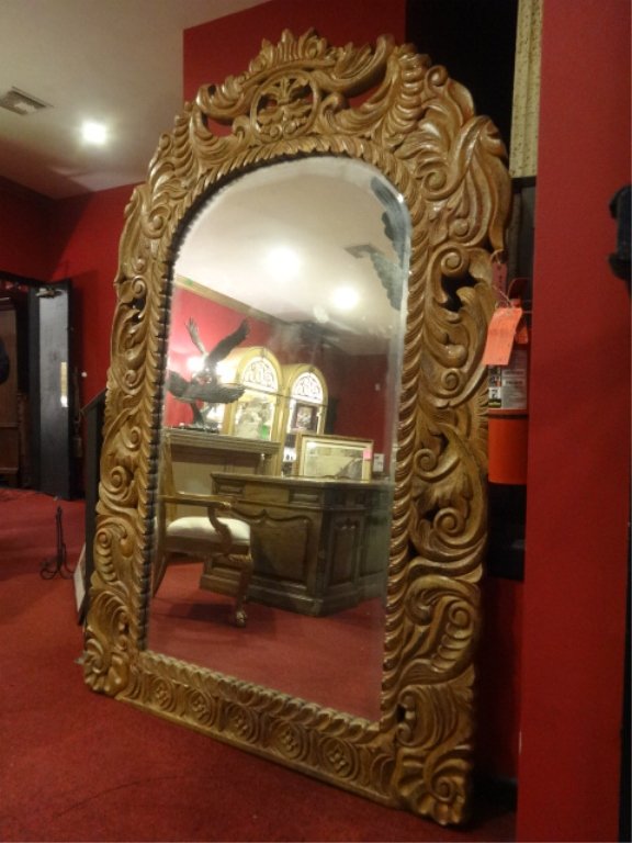 LARGE CARVED WOOD FRAME MIRROR, CARVED FOLIATE DESIGNS, (1 of 7)