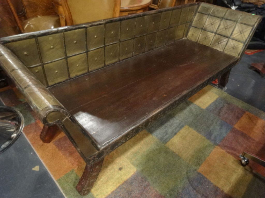 ASIAN WOOD AND METAL BENCH, ETCHED METAL PANELS ON SEAT (1 of 6)
