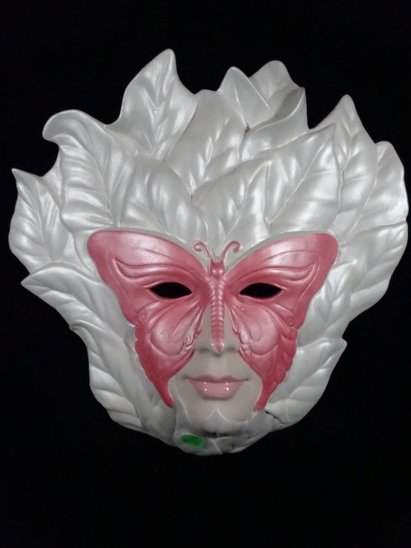 CERAMIC VENETIAN STYLE MASK, WHITE WITH PINK BUTTERFLY (1 of 5)