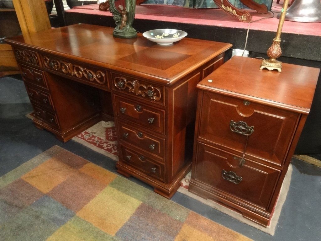 2 PC SET DUAL PEDESTAL DESK WITH 2 DRAWER FILE CABINET, (1 of 7)