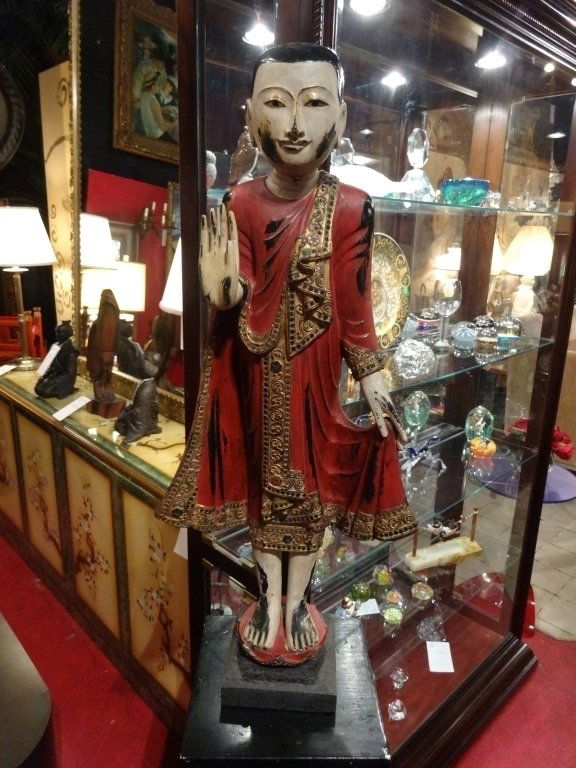 BURMESE PAINTED CARVED WOOD STANDING BUDDHA, SOME AGE (1 of 10)