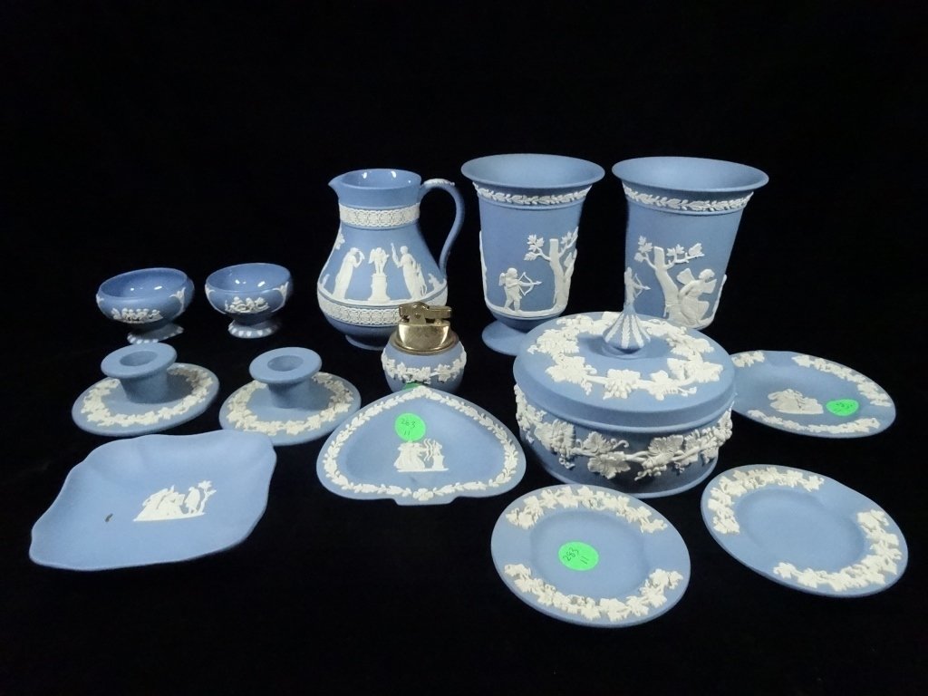 14 PC WEDGWOOD BLUE JASPERWARE, VASES APPROX 5.5"H,: 14 PC WEDGWOOD BLUE JASPERWARE, VASES APPROX 5.5"H, SKU283.11