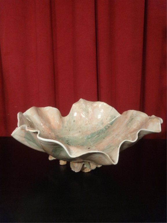 LARGE SHELL FORM BOWL, PINK AND BLUE FINISH, 27"W X (1 of 5)