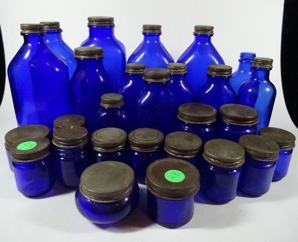 27 VINTAGE COBALT BOTTLES, TALLEST APPROX 7.25"H, (1 of 5)