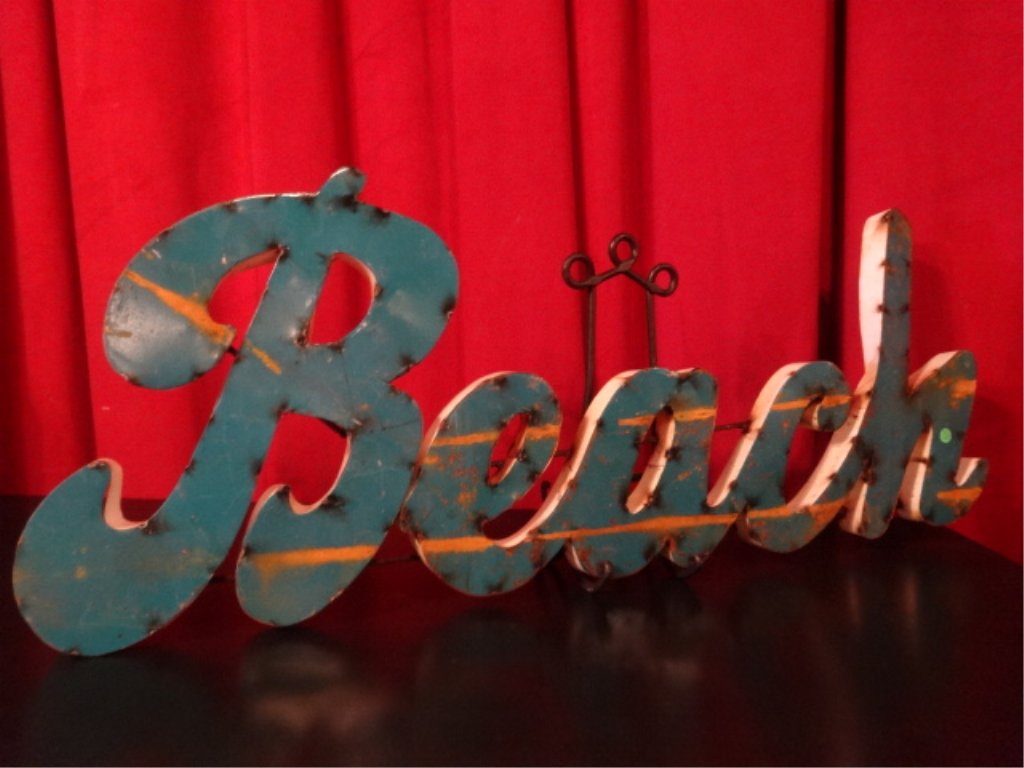 REPLICA VINTAGE LOOK METAL BEACH SIGN IN PALE BLUE, (1 of 7)