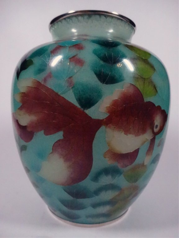 JAPANESE PLIQUE A JOUR CLOISONNE VASE WITH GOLDFISH, TR (1 of 6)