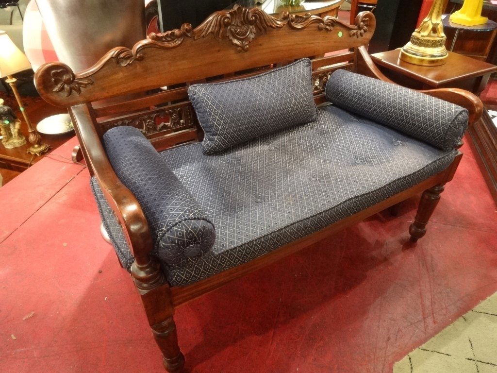 CARVED WOOD BENCH, WITH BLUE AND GOLD UPHOLSTERED (1 of 7)