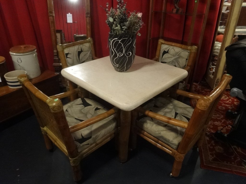 5 PC BAMBOO AND RATTAN STONE TOP DINING TABLE WITH 4 (1 of 6)