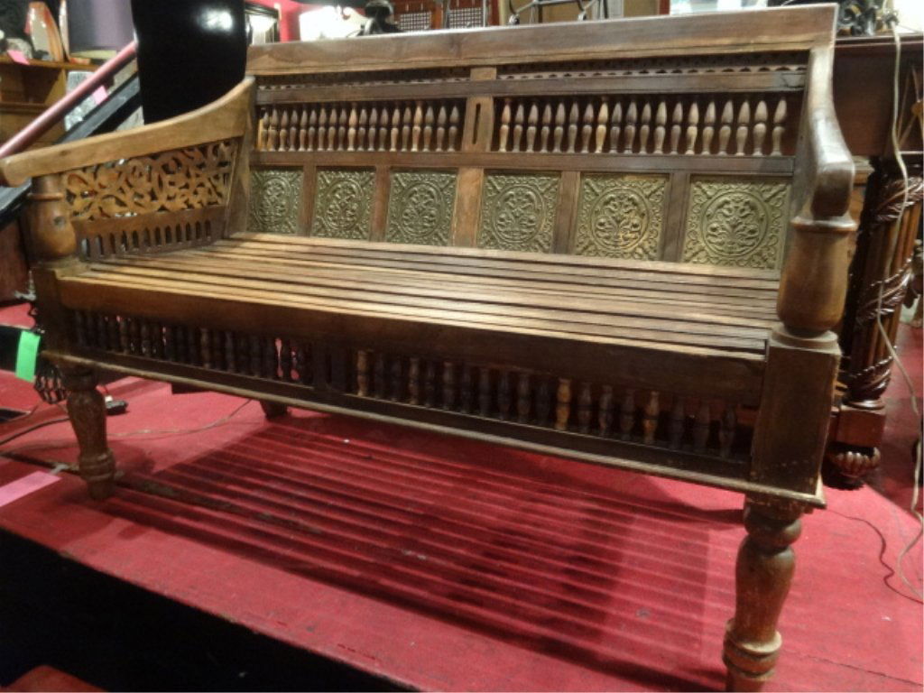 ASIAN WOOD AND METAL BENCH, EMBOSSED METAL PANELS ON (1 of 6)