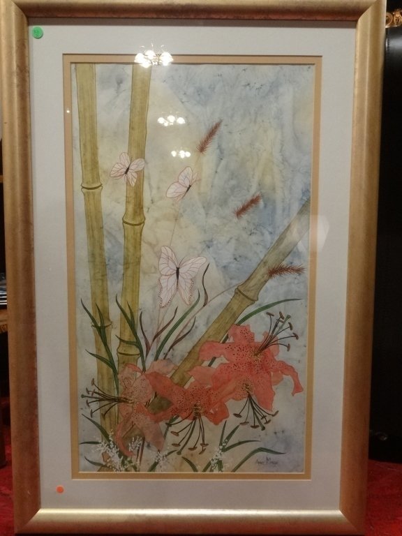 ANNE MARIE SIGNED WATERCOLOR PAINTING, TIGER LILIES,: ANNE MARIE SIGNED WATERCOLOR PAINTING, TIGER LILIES, BAMBOO, AND BUTTERFLIES, SIGNED LOWER RIGHT, IMAGE SIZE 17" X 30", FRAMED SIZE 27" X 40", SKU301.18