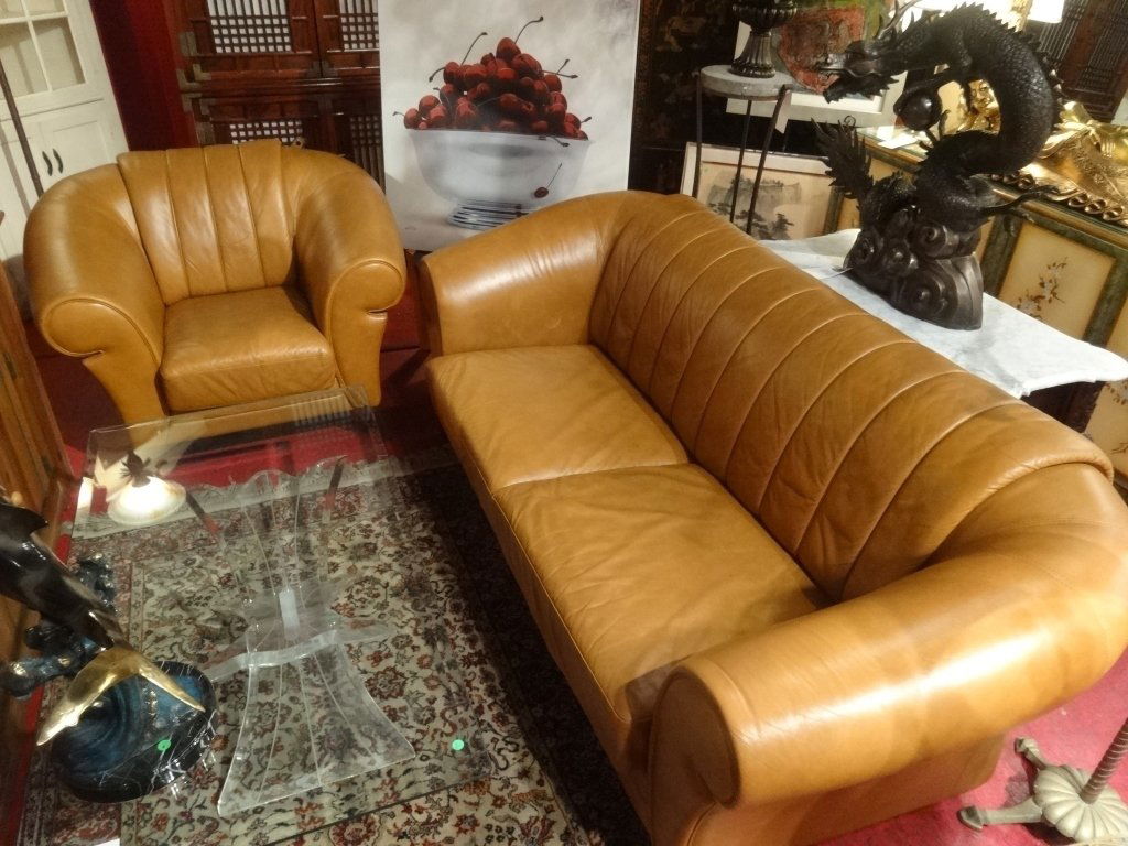 ITALIAN LEATHER SOFA AND LOVESEAT, CHANNEL BACKS, (1 of 9)