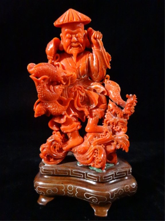 CHINESE CARVED RED CORAL SCULPTURE, FIGURE ON WOOD (1 of 9)