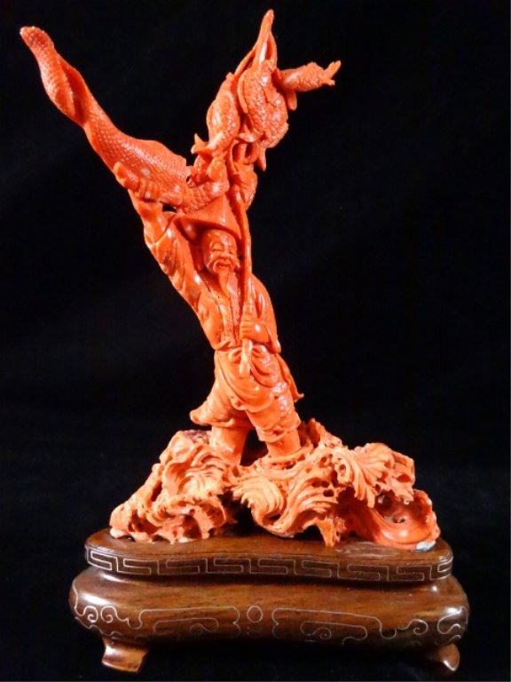 CHINESE CARVED RED CORAL SCULPTURE, FIGURE HOLDING FISH (1 of 8)
