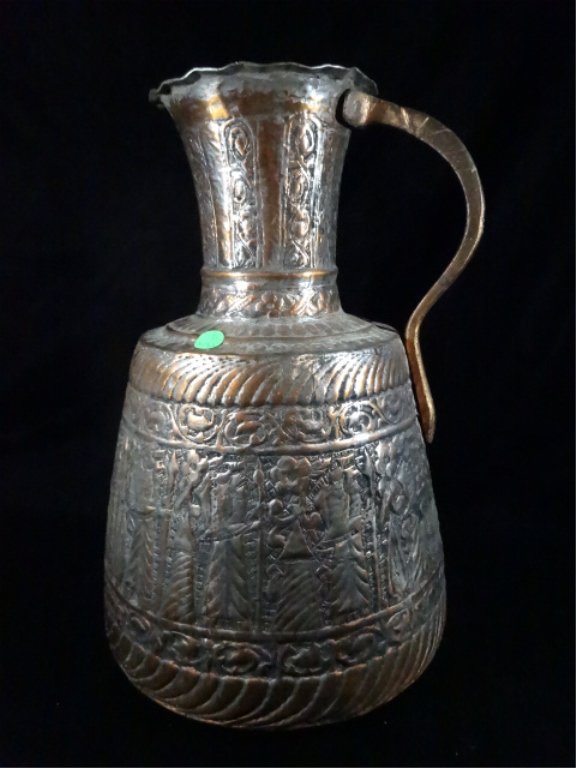 LARGE COPPER VASE WITH HANDLE, EMBOSSED DESIGNS, 16" X (1 of 4)