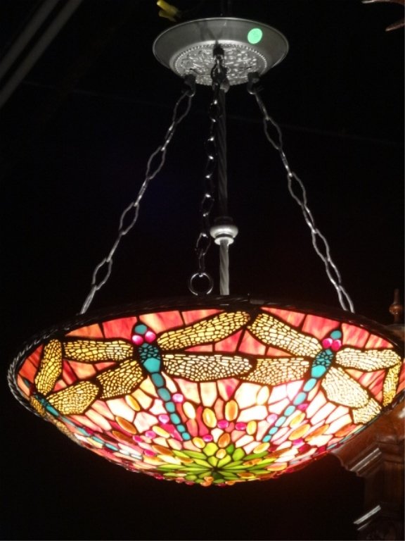 TIFFANY STYLE STAINED GLASS PENDANT LAMP, DOME SHADE: TIFFANY STYLE STAINED GLASS PENDANT LAMP, DOME SHADE WITH DRAGONFLIES, SHADES OF PINK AND GREEN, APPROX 21"W