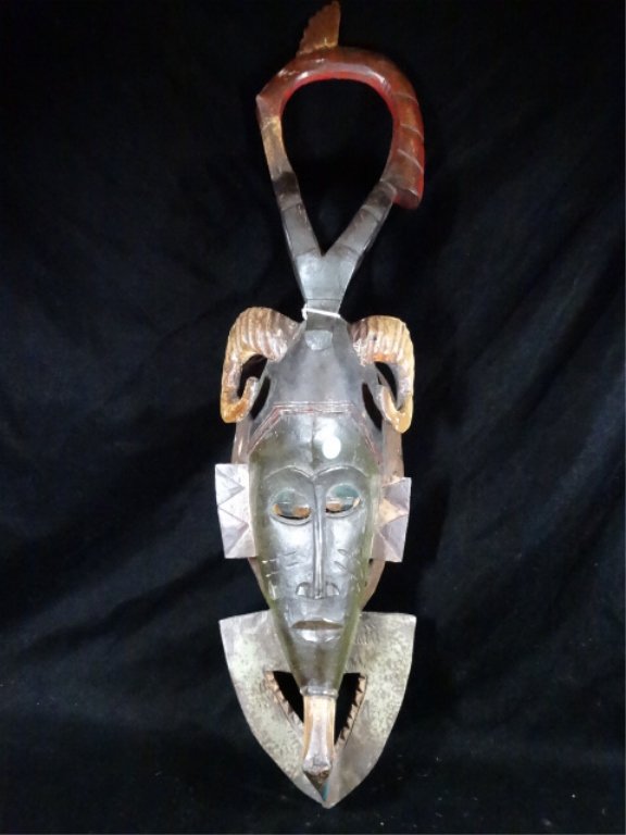 AFRICAN WOOD TRIBAL MASK WITH HORN HEADDRESS, DAN: AFRICAN WOOD TRIBAL MASK WITH HORN HEADDRESS, DAN TRIBE, 29.5" X 8", SKU5319.20