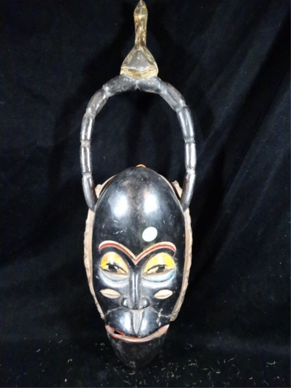 AFRICAN WOOD TRIBAL MASK, BLACK ENAMEL, DAN TRIBE, 21" (1 of 5)